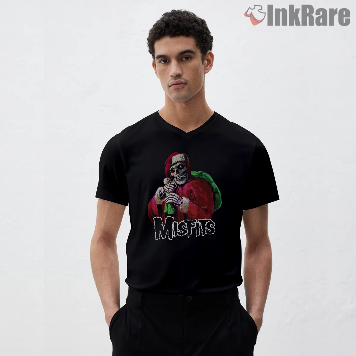 Misfits Santa Skull Holiday Sack Horror Punk V Neck Black Misfits Santa Skull Holiday Sack Horror Punk Shirt on black v-neck shirt for men graphic tee