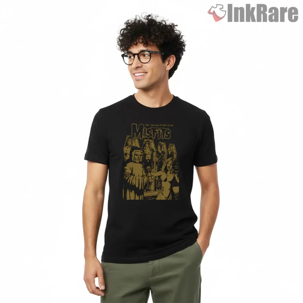 Misfits Shocking Return Vintage Horror Scene Shirt on black short sleeve shirt for men graphic tee