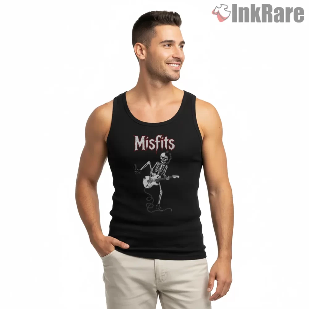 Misfits Skeleton Guitar Stage Energy Shirt on black tank top for men graphic tee