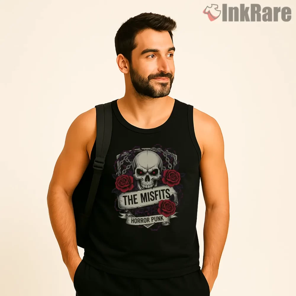 Misfits Skull And Roses Gothic Emblem Shirt on black tank top for men graphic tee