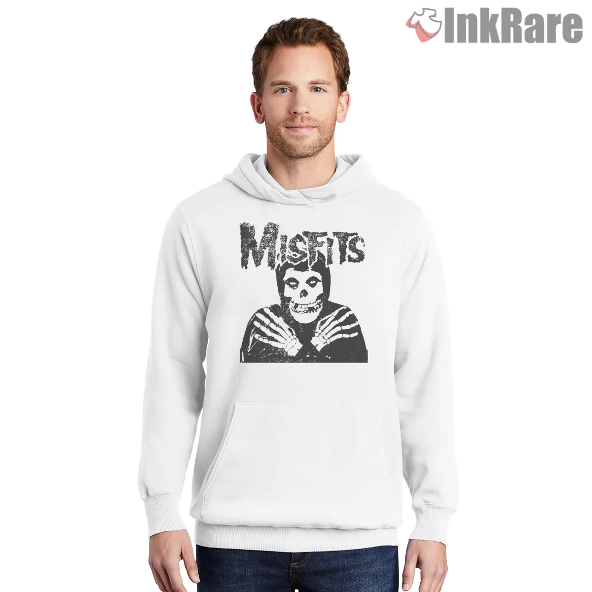 Misfits Skull Crossed Bones Distressed Ink Shirt on white hoodie for men graphic tee