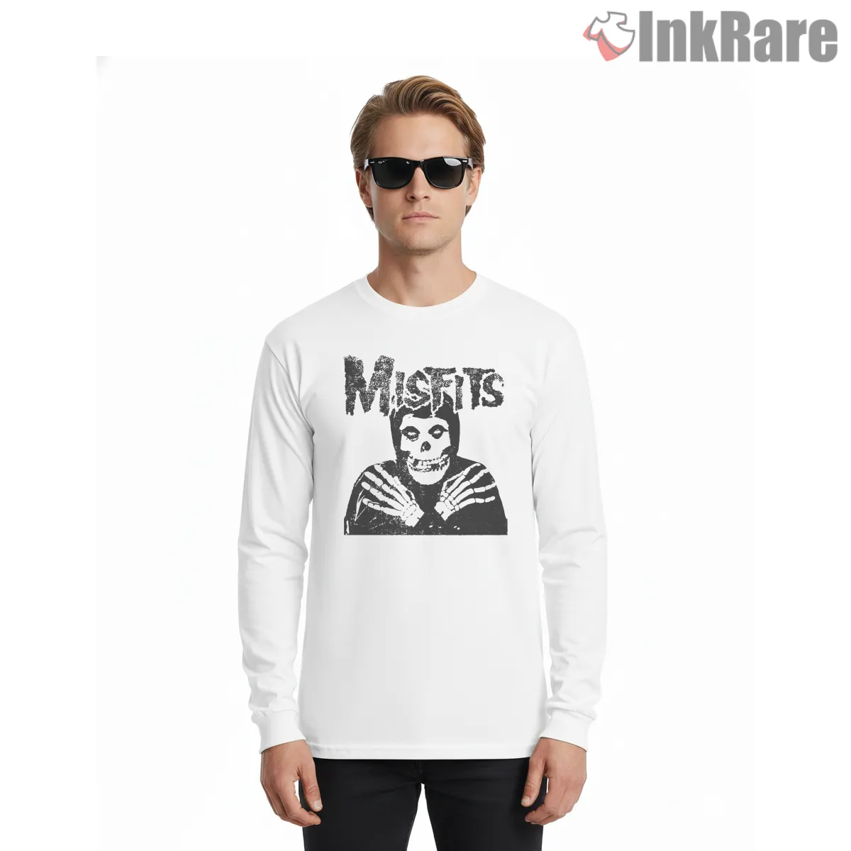 Misfits Skull Crossed Bones Distressed Ink Long Sleeve White Misfits Skull Crossed Bones Distressed Ink Shirt on white long sleeve shirt for men graphic tee