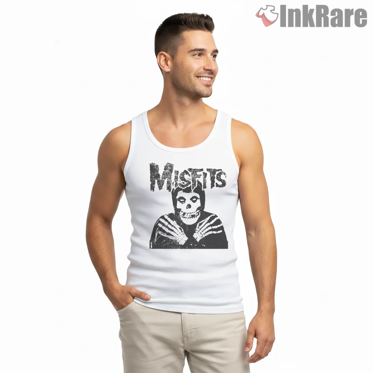 Misfits Skull Crossed Bones Distressed Ink Tank Top White Misfits Skull Crossed Bones Distressed Ink Shirt on white tank top for men graphic tee