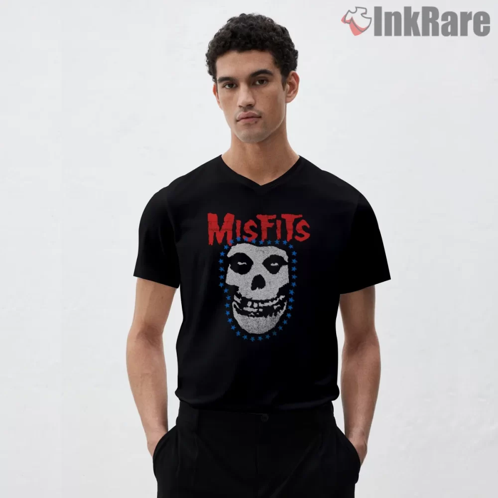 Misfits Skull Star Circle Bold Logo Shirt on black v-neck shirt for men graphic tee