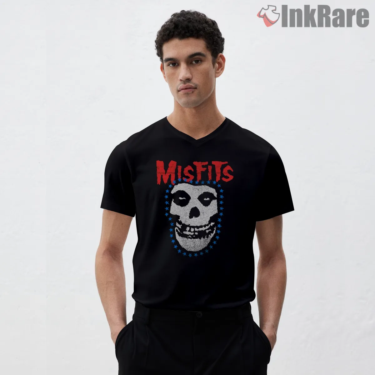 Misfits Skull Star Circle Bold Logo V Neck Black Misfits Skull Star Circle Bold Logo Shirt on black v-neck shirt for men graphic tee