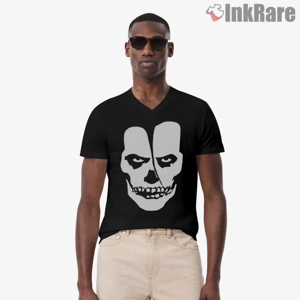 Misfits Split Face Minimal Horror Icon Shirt on black v-neck shirt for men graphic tee