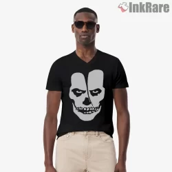 Misfits Split Face Minimal Horror Icon Shirt on black v-neck shirt for men graphic tee