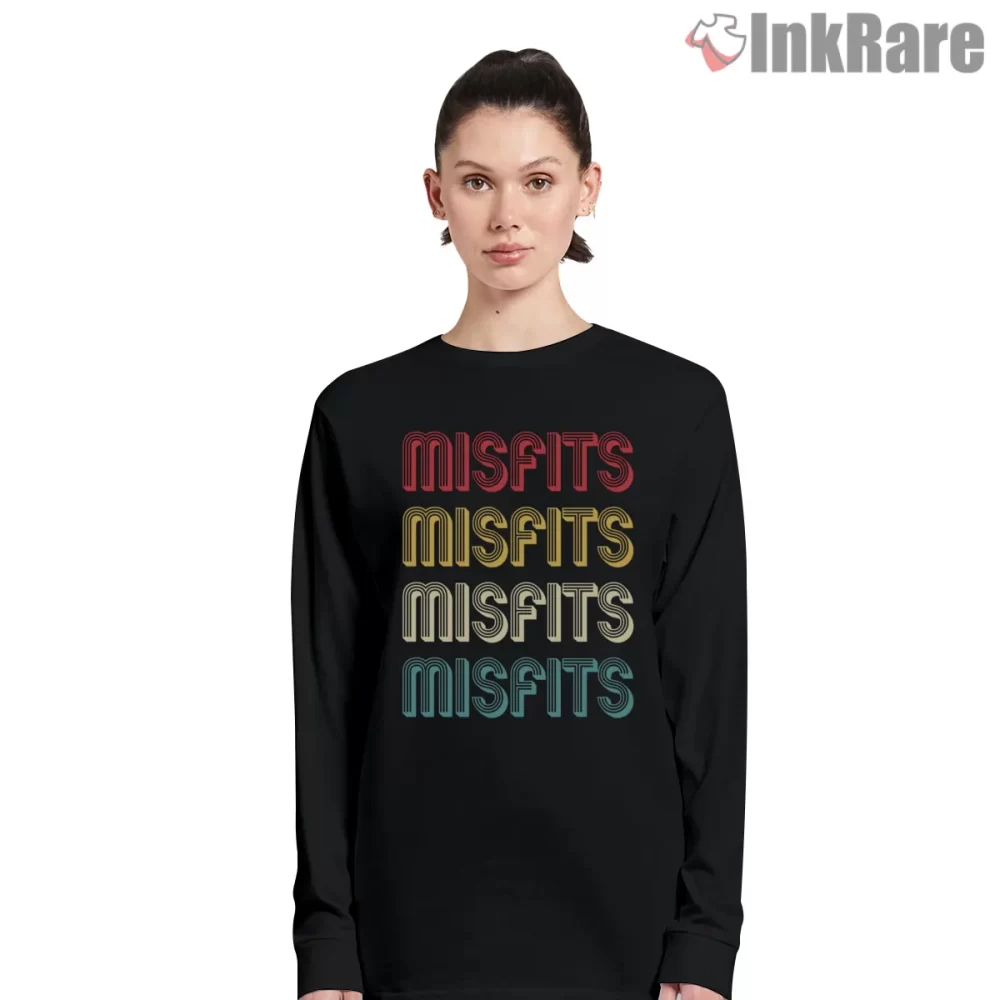 Misfits Stacked Retro Stripe Wordmark Shirt on black long sleeve shirt for women graphic tee