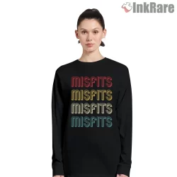 Misfits Stacked Retro Stripe Wordmark Shirt on black long sleeve shirt for women graphic tee