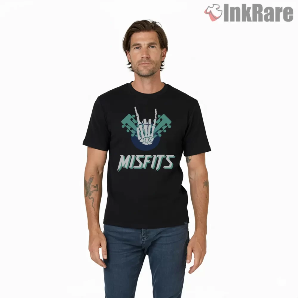 Misfits Teal Skull Guitar Crest Shirt on black short sleeve shirt for men graphic tee
