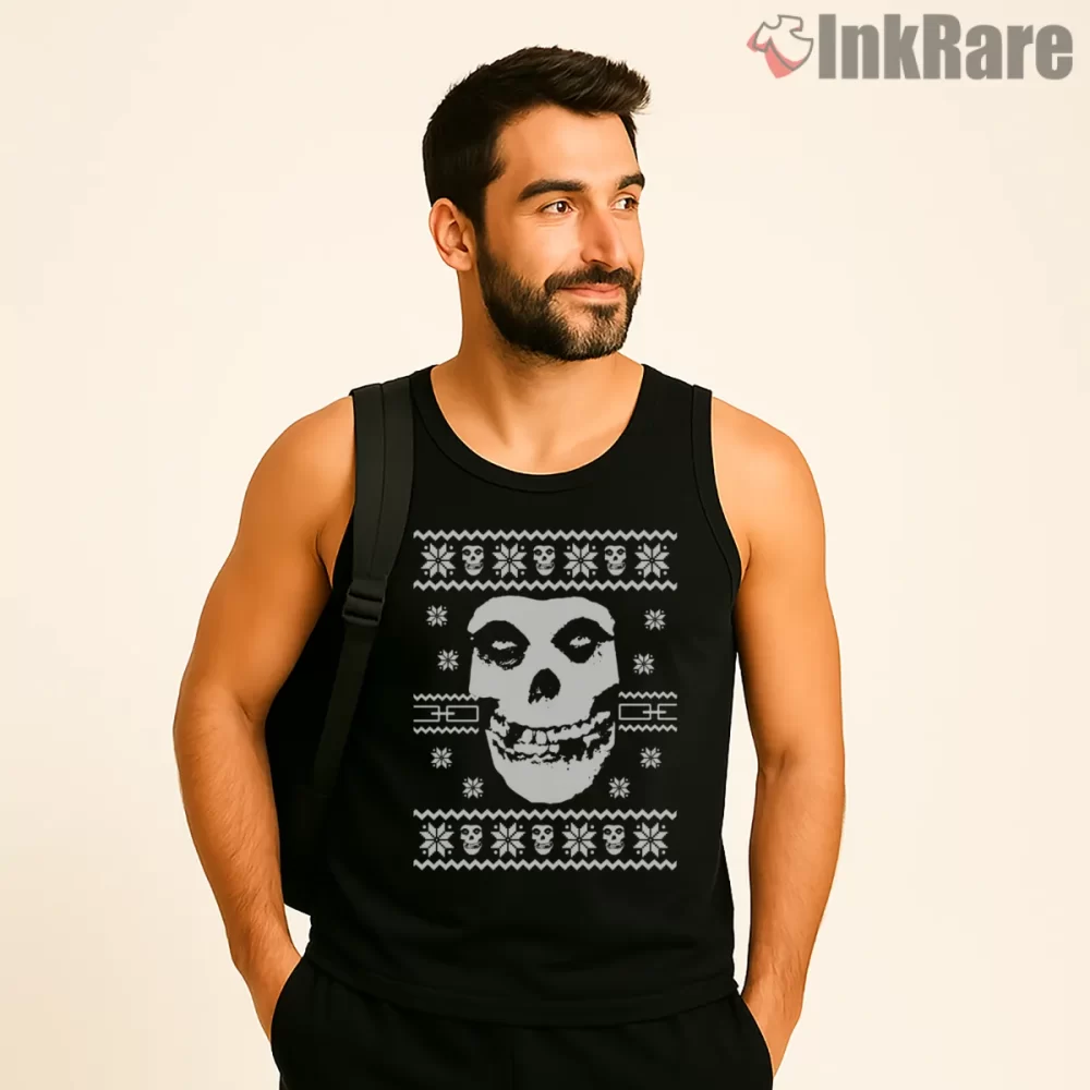 Misfits Ugly Christmas Skull Sweater Style Shirt on black tank top for men graphic tee