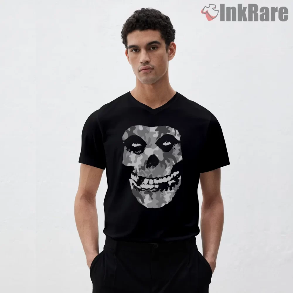 Misfits Urban Camo Fiend Skull Shirt on black v-neck shirt for men graphic tee