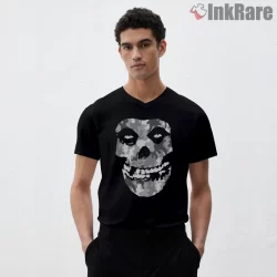 Misfits Urban Camo Fiend Skull Shirt on black v-neck shirt for men graphic tee