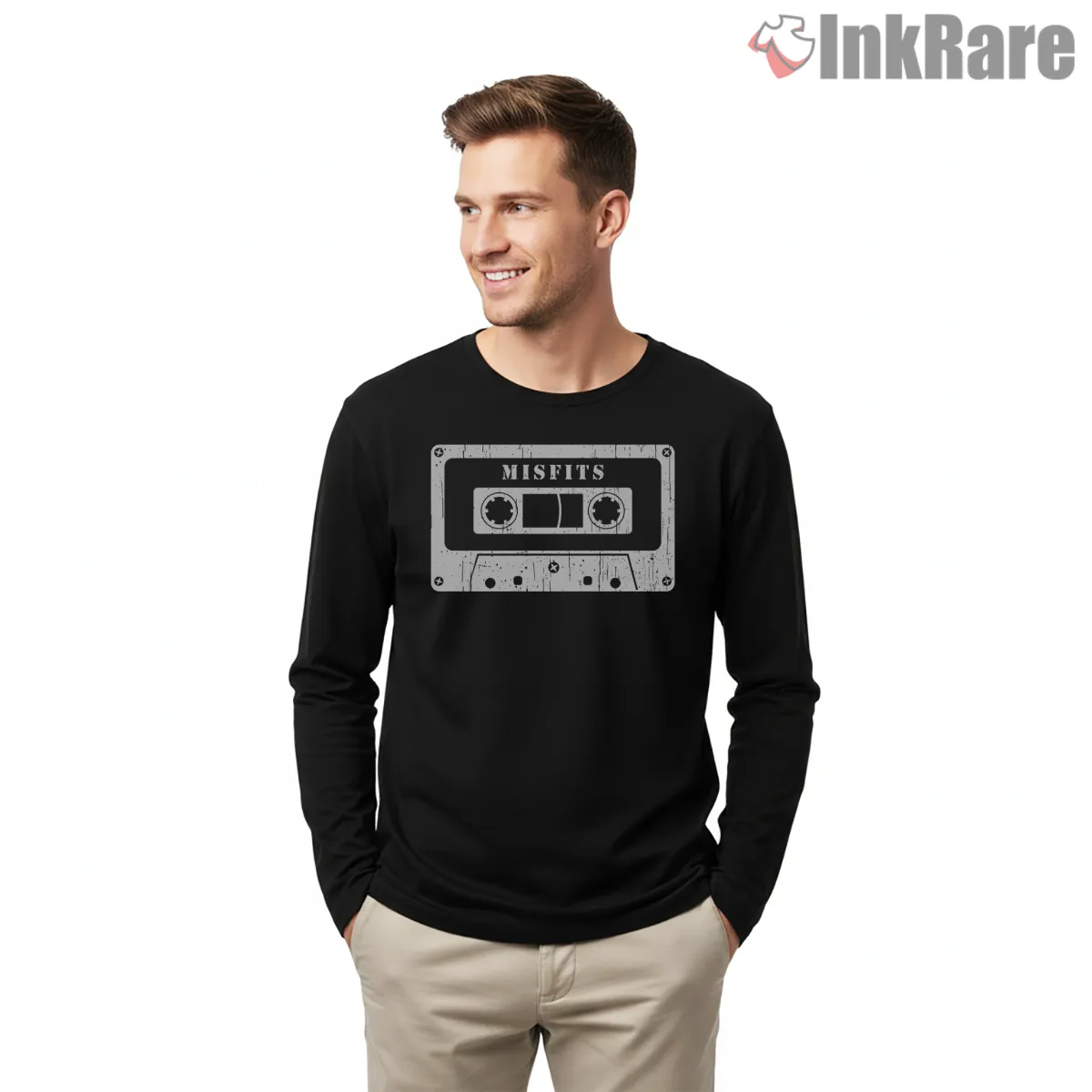Misfits Vintage Cassette Tape Shirt on black long sleeve shirt for men graphic tee