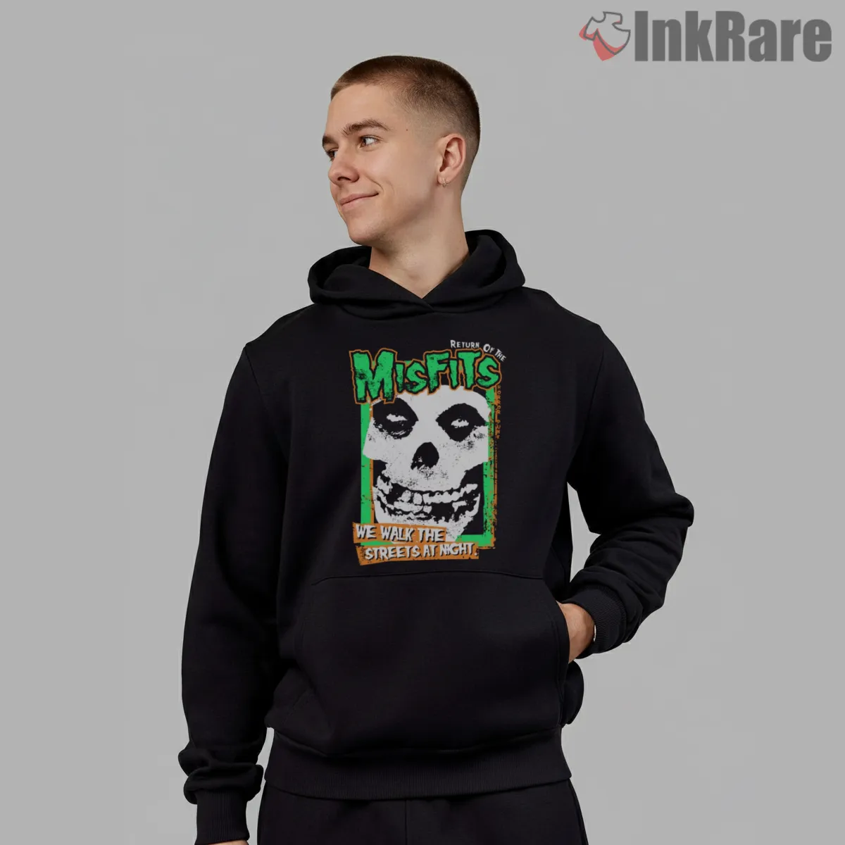 Misfits We Walk The Streets At Night Shirt on black hoodie for men graphic tee