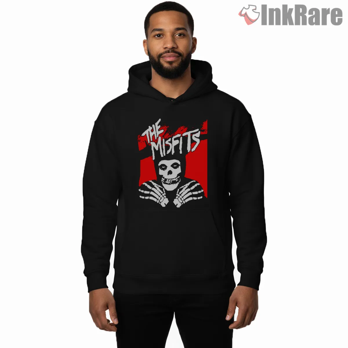 Misfits White Skull Silhouette Red Block Shirt on black hoodie for men graphic tee