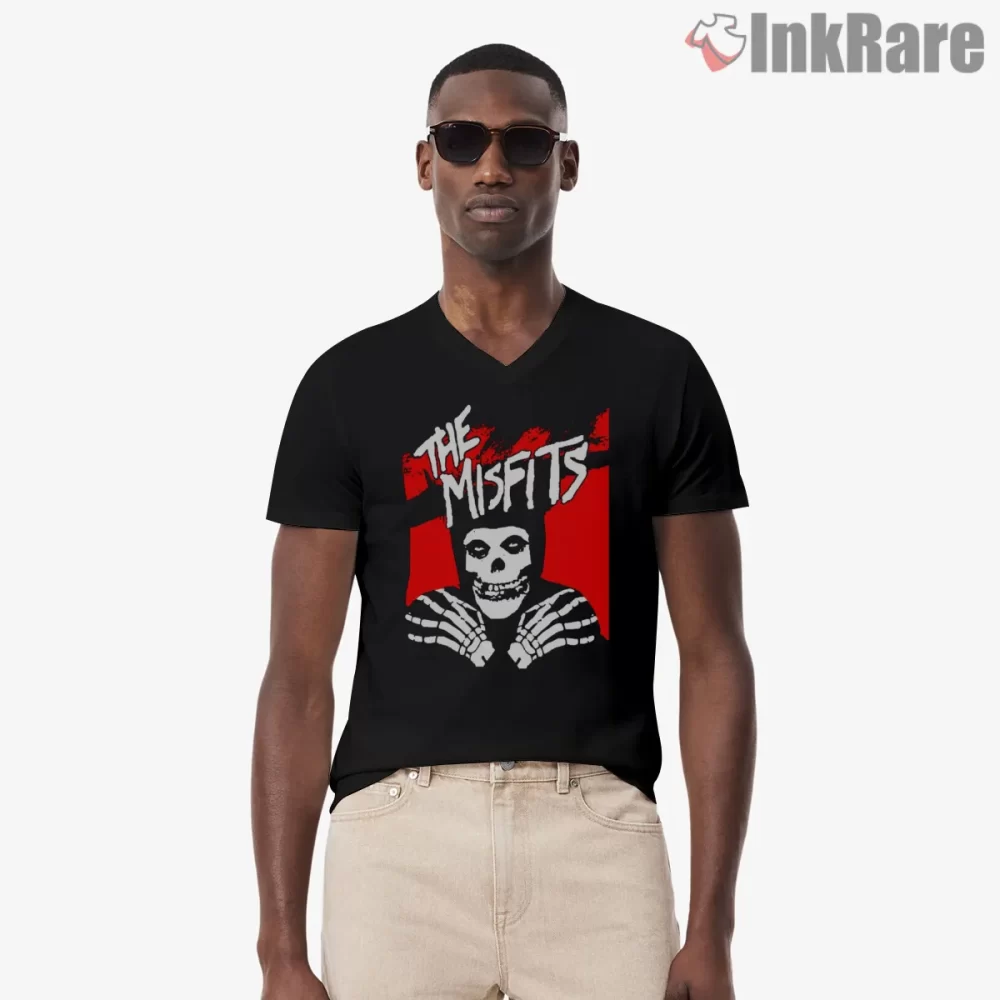 Misfits White Skull Silhouette Red Block Shirt on black v-neck shirt for men graphic tee
