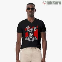 Misfits White Skull Silhouette Red Block Shirt on black v-neck shirt for men graphic tee