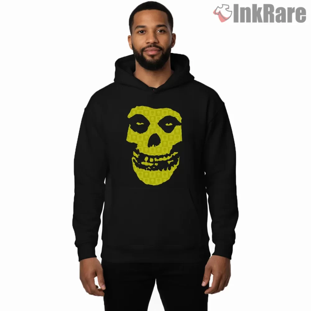 Misfits Yellow Alien Pattern Skull Shirt on black hoodie for men graphic tee