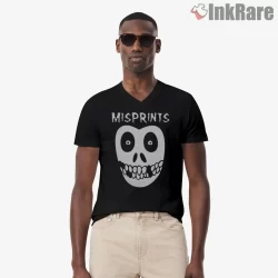 Misprints Funny Skull Face Typo Parody Shirt on black v-neck shirt for men graphic tee