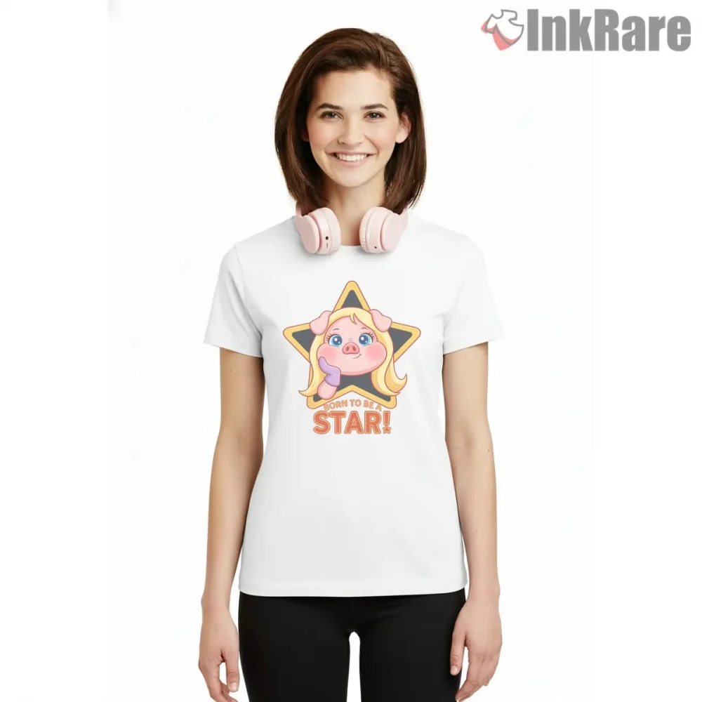 Miss Piggy Born To Be A Star Retro Glam Cartoon Shirt on white short sleeve shirt for women graphic tee