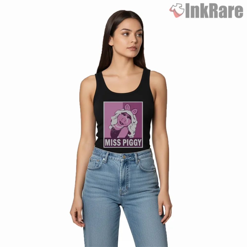 Miss Piggy Pop Art Pink Portrait Retro Square Shirt on black tank top for women graphic tee