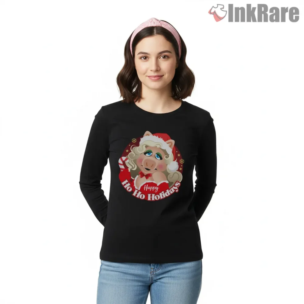 Miss Piggy Santa Ho Ho Holidays Cute Christmas Shirt on black long sleeve shirt for women graphic tee