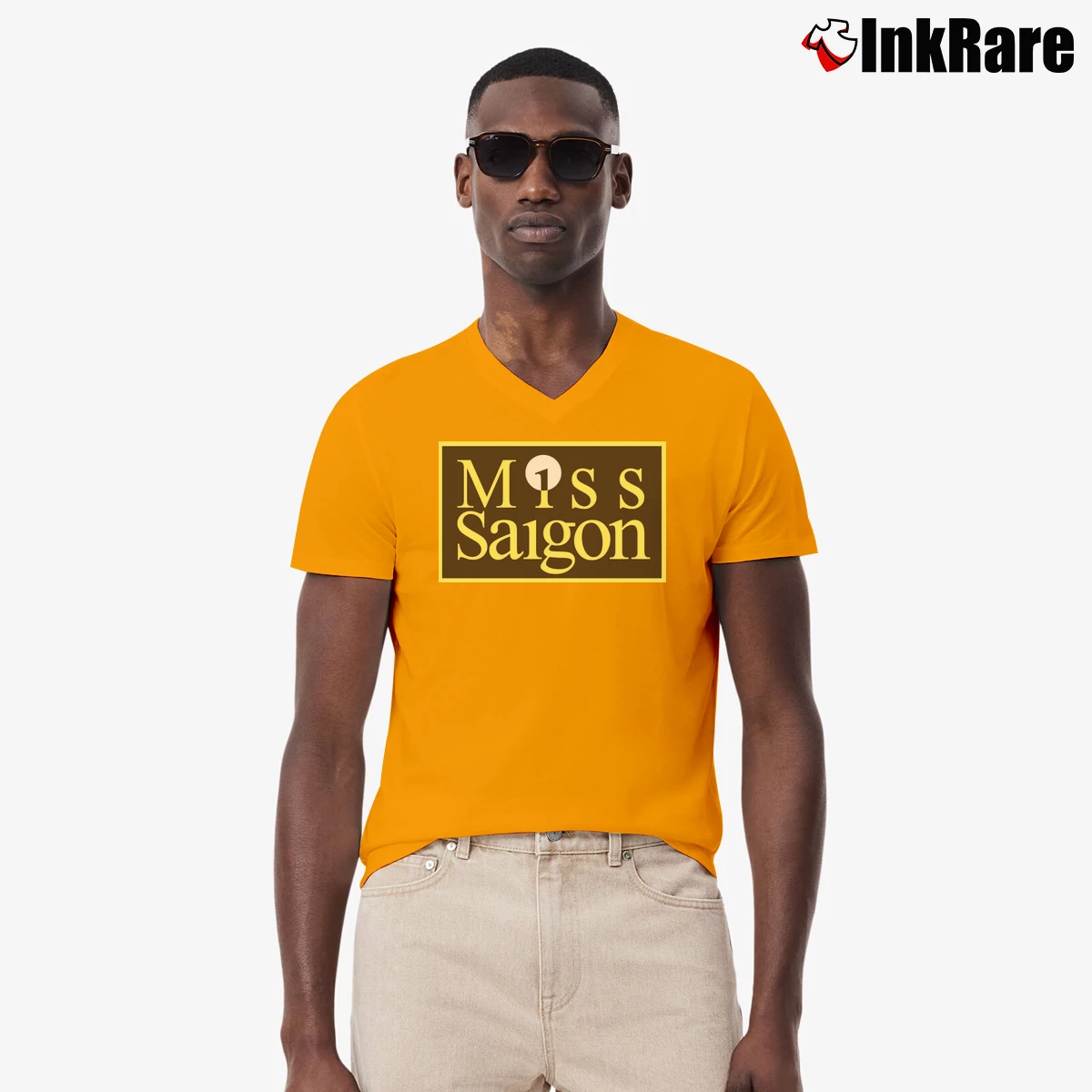 Men’s Miss Saigon Broadway Musical V-Neck Tee in orange | Sharp, Breathable, Everyday Staple
