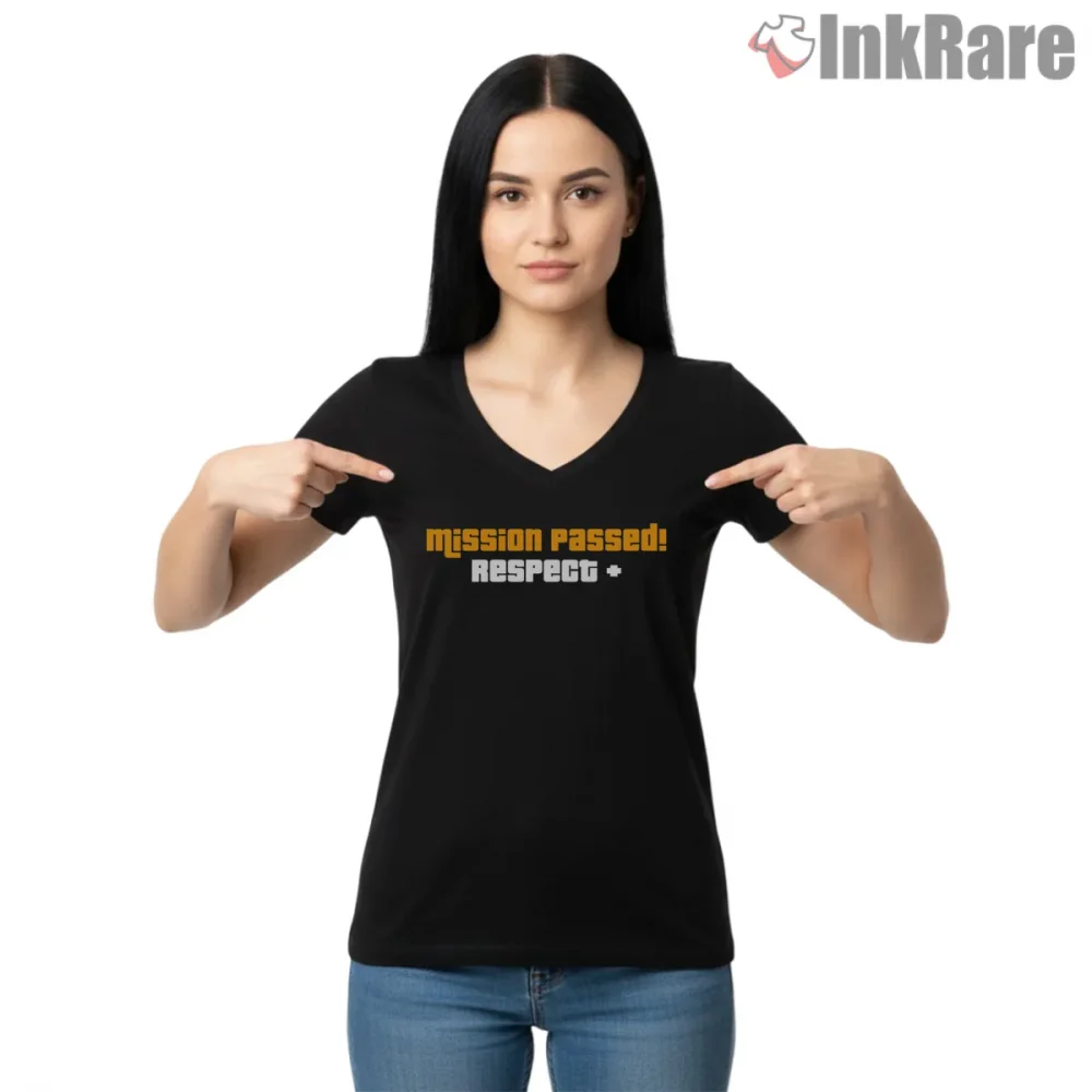 Mission Passed Respect Plus Clean Gta Notification Shirt on black v-neck shirt for women graphic tee
