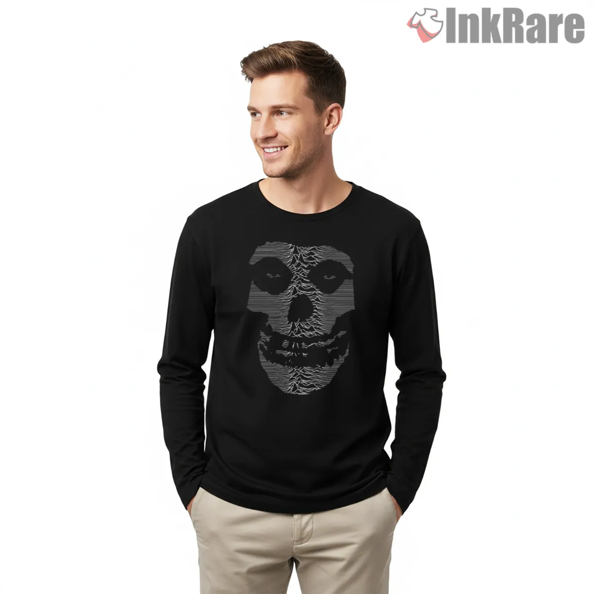 Misvision Glitch Static Skull Face Shirt on black long sleeve shirt for men graphic tee