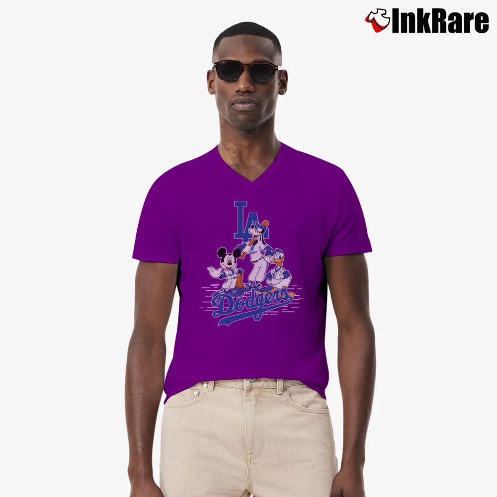 Men’s MLB Dodgers Mickey Donald Goofy Baseball V-Neck Tee in purple | Sharp, Breathable, Everyday Staple