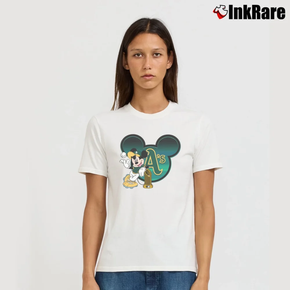 Women’s Mlb Oakland Athletics Trophy Mickey Mouse Signature T-Shirt in white | Soft, Flattering Fit