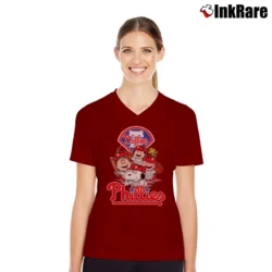 Women’s MLB Philadelphia Phillies Snoopy Charlie Brown Woodstock The Peanuts Movie Baseball V-Neck Tee in maroon | Chic Neckline, Soft Texture