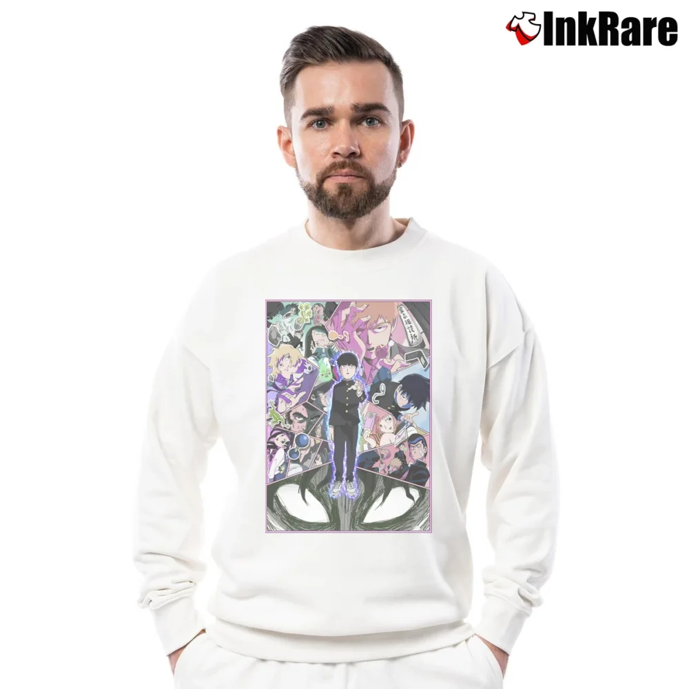 Men’s Mob Psycho 100 Anime Poster Crewneck Sweatshirt in white | Cozy Fabric, Clean Style