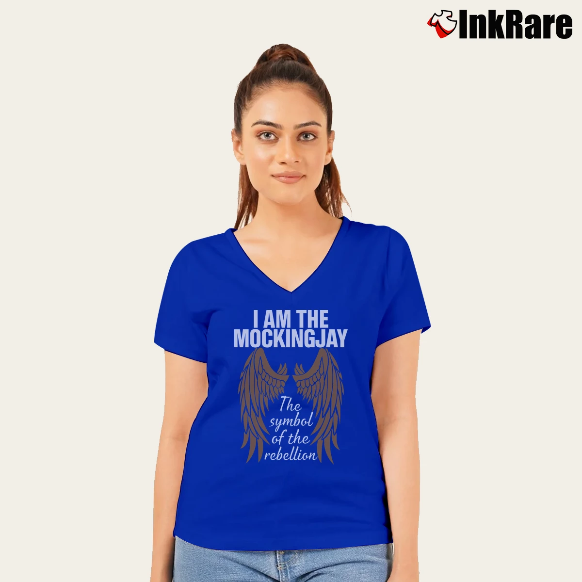 Women’s Mockingjay Hunger Games Quote V-Neck Tee in royal blue | Chic Neckline, Soft Texture
