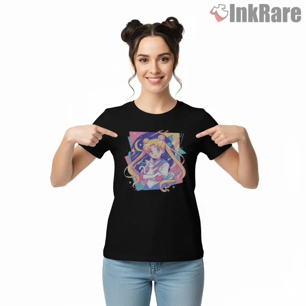 Modern Anime Style Sailor Moon Portrait Shirt on black short sleeve shirt for women graphic tee