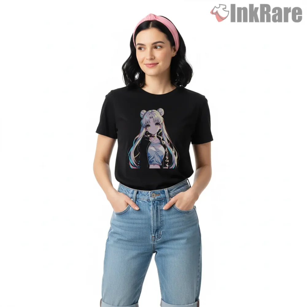 Modern Streetwear Sailor Moon Urban Style Shirt on black short sleeve shirt for women graphic tee