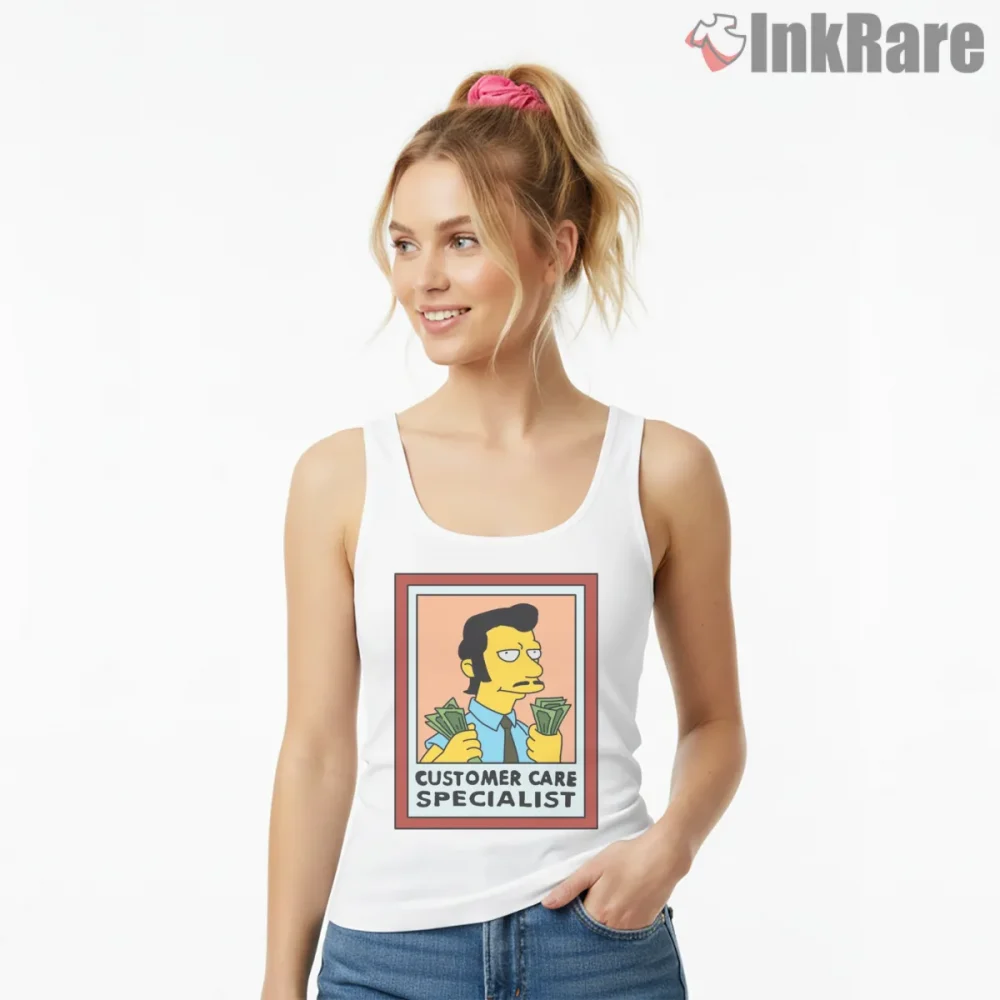 Moe Szyslak Customer Care Specialist Sarcastic Cartoon Shirt on white tank top for women graphic tee