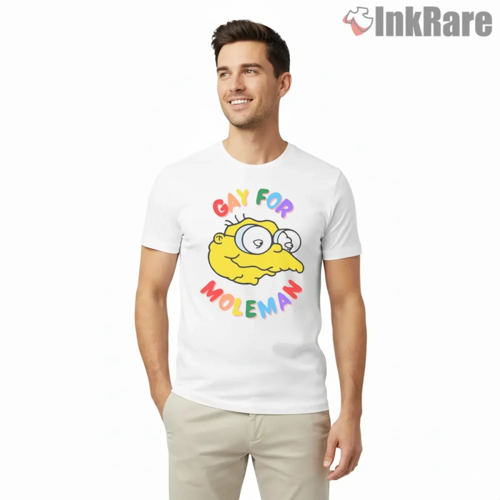 Moleman Gay For Moleman Minimal Statement Cartoon Shirt on white short sleeve shirt for men graphic tee
