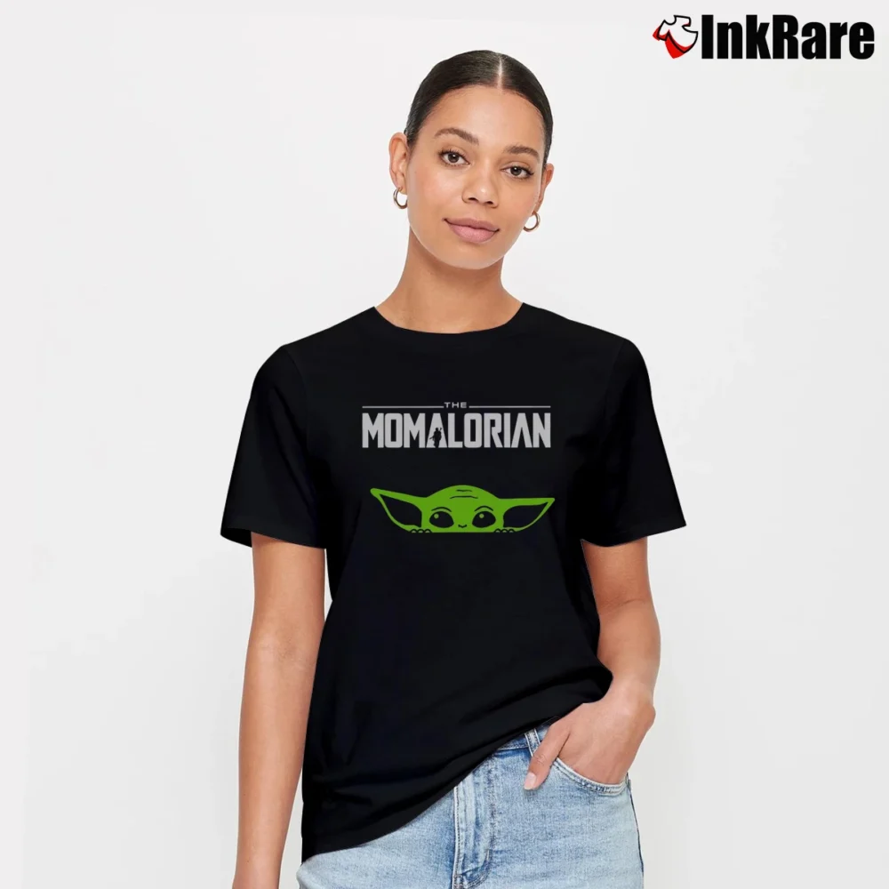 Women’s Momalorian Baby Yoda Mandalorian Inspired Star Wars Gift Signature T-Shirt in black | Soft, Flattering Fit