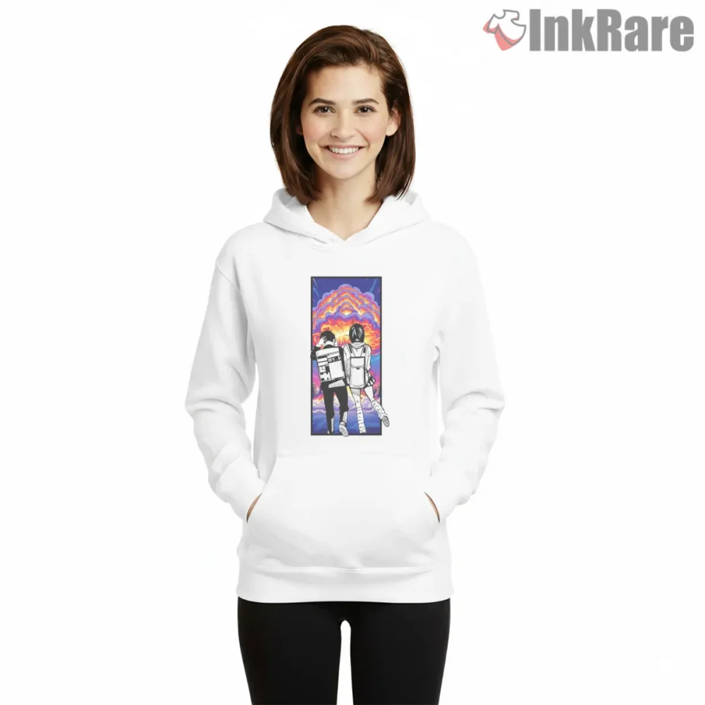 Momo Ayase And Okarun Cosmic Adventure Dandadan Shirt on white hoodie for women graphic tee