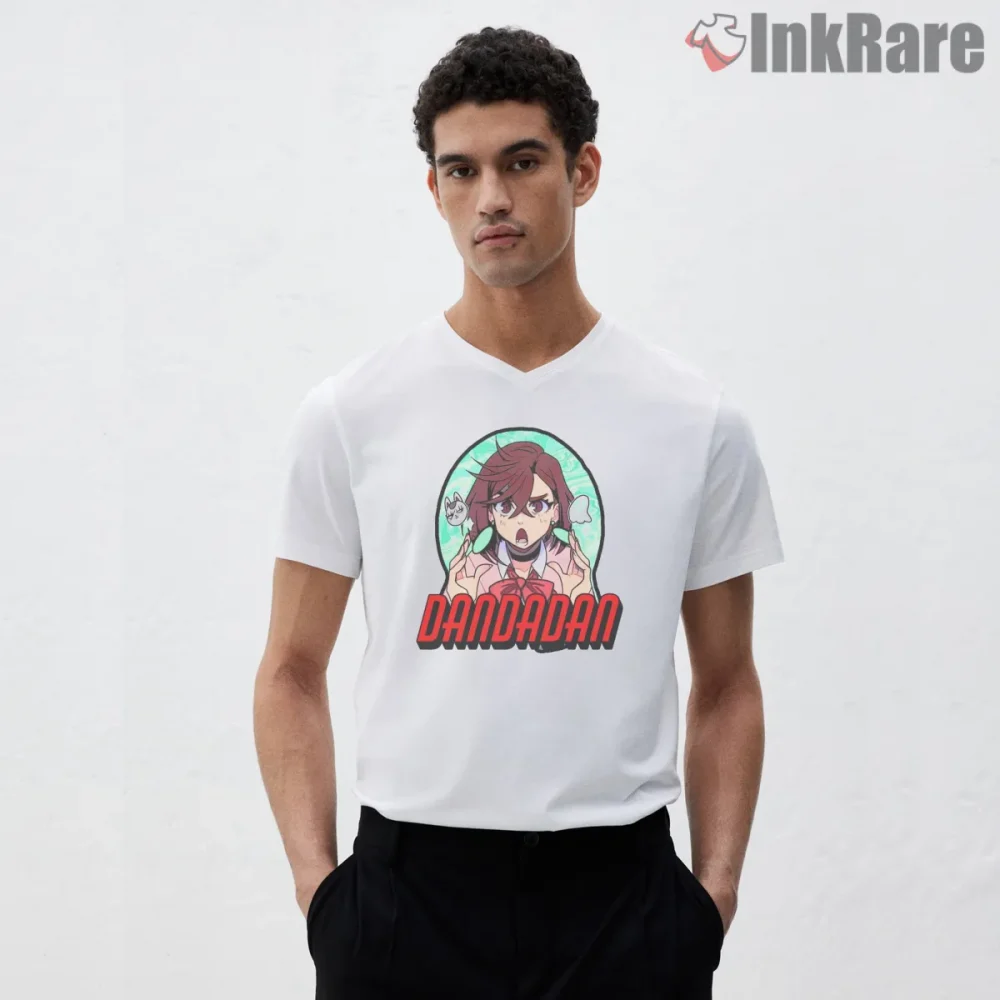 Momo Ayase Anime Portrait Dandadan Graphic Shirt on white v-neck shirt for men graphic tee
