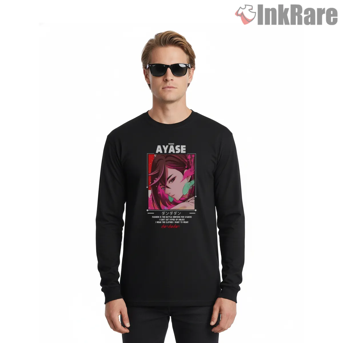 Momo Ayase Neon Anime Character Portrait Long Sleeve Black Momo Ayase Neon Anime Character Portrait Shirt on black long sleeve shirt for men graphic tee