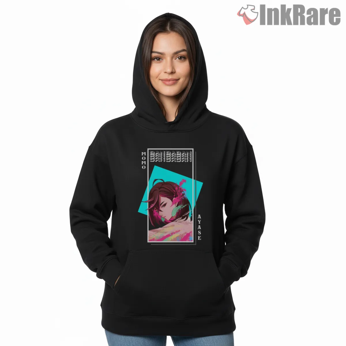 Momo Ayase Neon Anime Portrait Graphic Hoodie Black Momo Ayase Neon Anime Portrait Graphic Shirt on black hoodie for women graphic tee