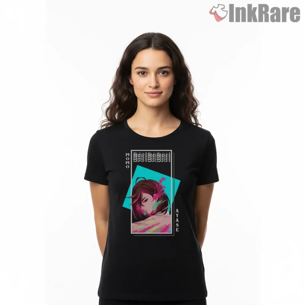 Momo Ayase Neon Anime Portrait Graphic Shirt on black short sleeve shirt for women graphic tee