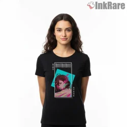 Momo Ayase Neon Anime Portrait Graphic Shirt on black short sleeve shirt for women graphic tee