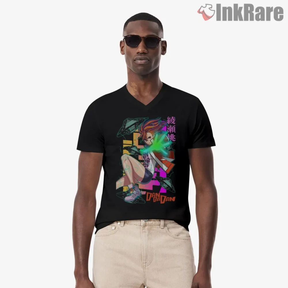 Momo Ayase Neon Cyber Anime Action Shirt on black v-neck shirt for men graphic tee