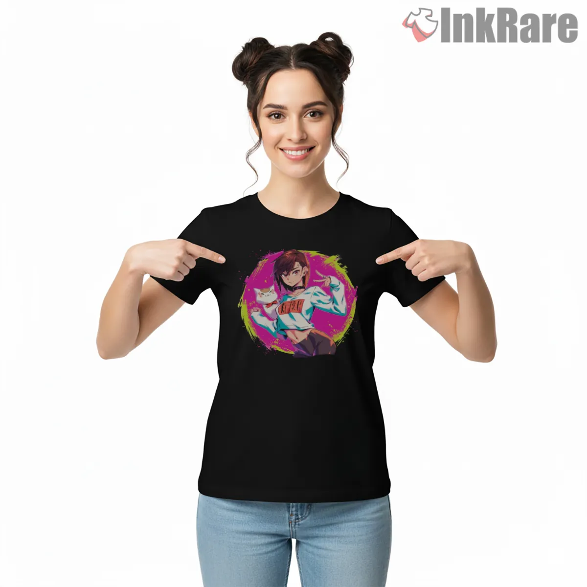 Momo Ayase Neon Pop Anime Energy Short Sleeve Black Momo Ayase Neon Pop Anime Energy Shirt on black short sleeve shirt for women graphic tee