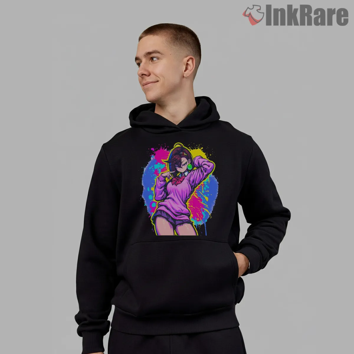 Momo Ayase Neon Pop Anime Portrait Hoodie Black Momo Ayase Neon Pop Anime Portrait Shirt on black hoodie for men graphic tee