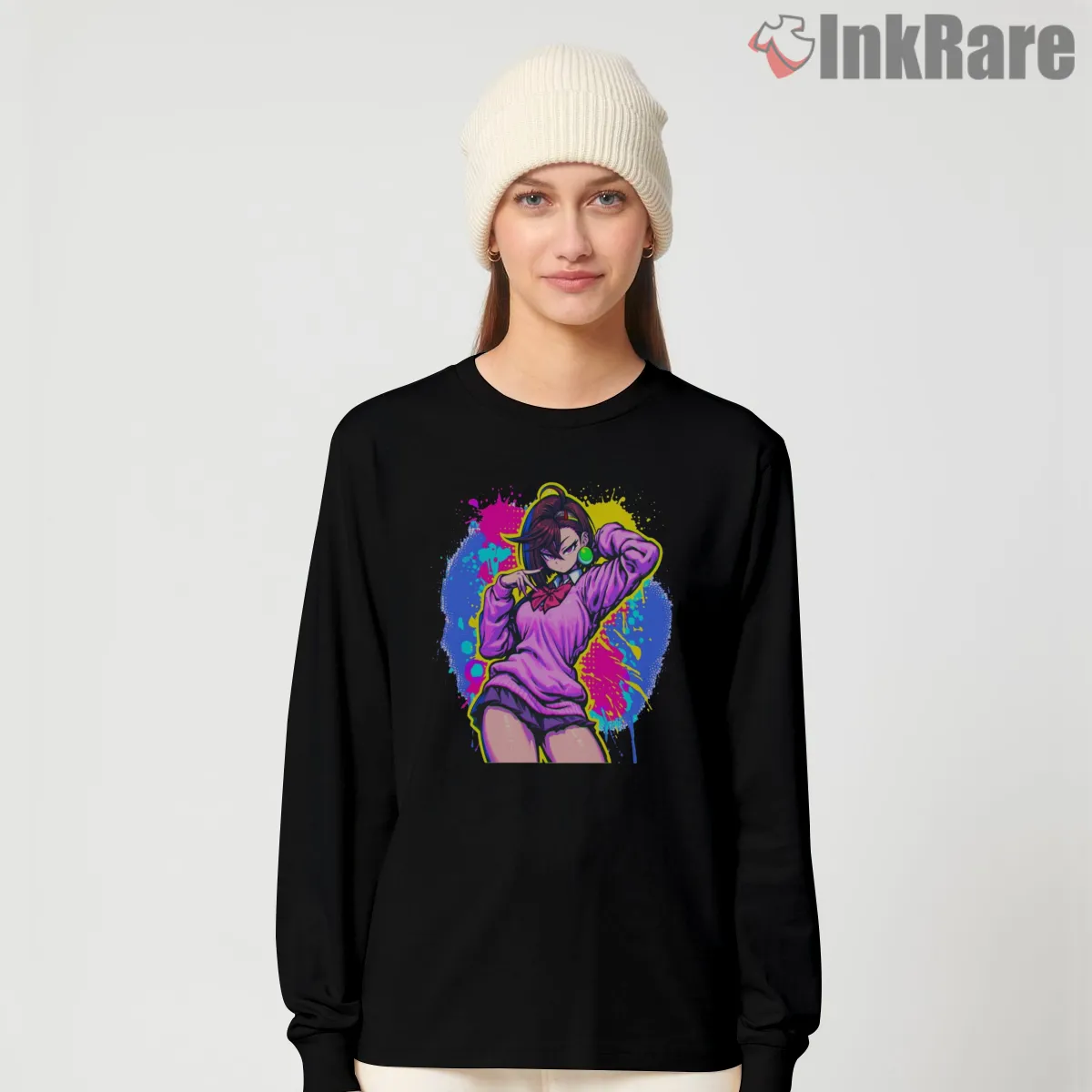 Momo Ayase Neon Pop Anime Portrait Long Sleeve Black Momo Ayase Neon Pop Anime Portrait Shirt on black long sleeve shirt for women graphic tee